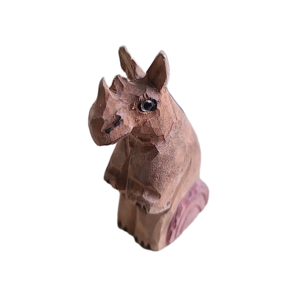 Hand Carved Wood 3 Inch rhinoceros (pencil sharpener)* Glass Eyes Vintage